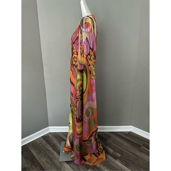 RAISA VANESSA PRINTED CHIFFON JUMPSUIT DEEP NECK AND GOLD BUCKLE - Picture 13 of 15